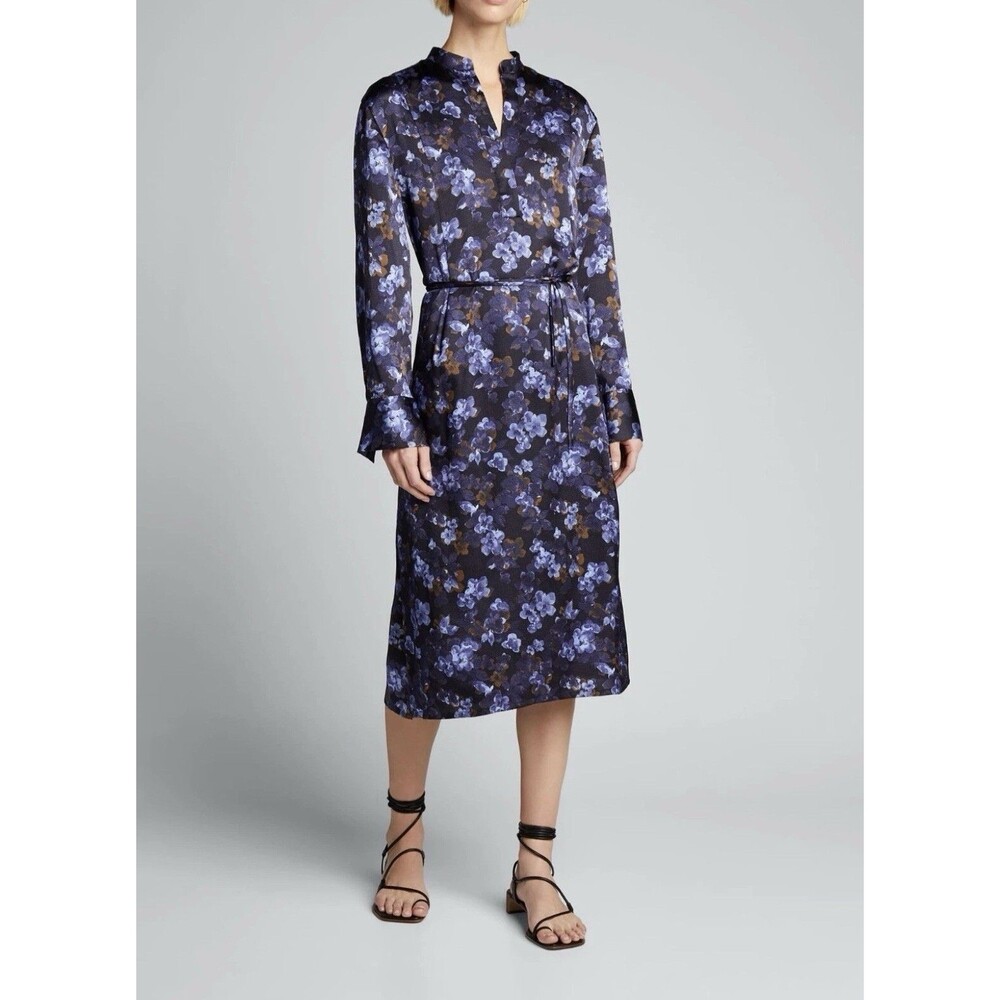 $445 VINCE Plumeria Blooms Long Sleeve Hammered Satin Dress S Coastal Blue Midi